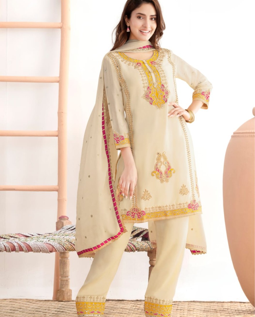 WHITE - Cream Embroidered Chinnon Pant Kameez for Festival